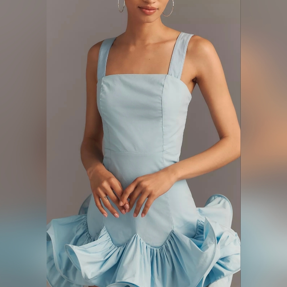 Anthropologie Maeve Strapless Light Blue Ruffle Mini Dress - Picture 4 of 5
